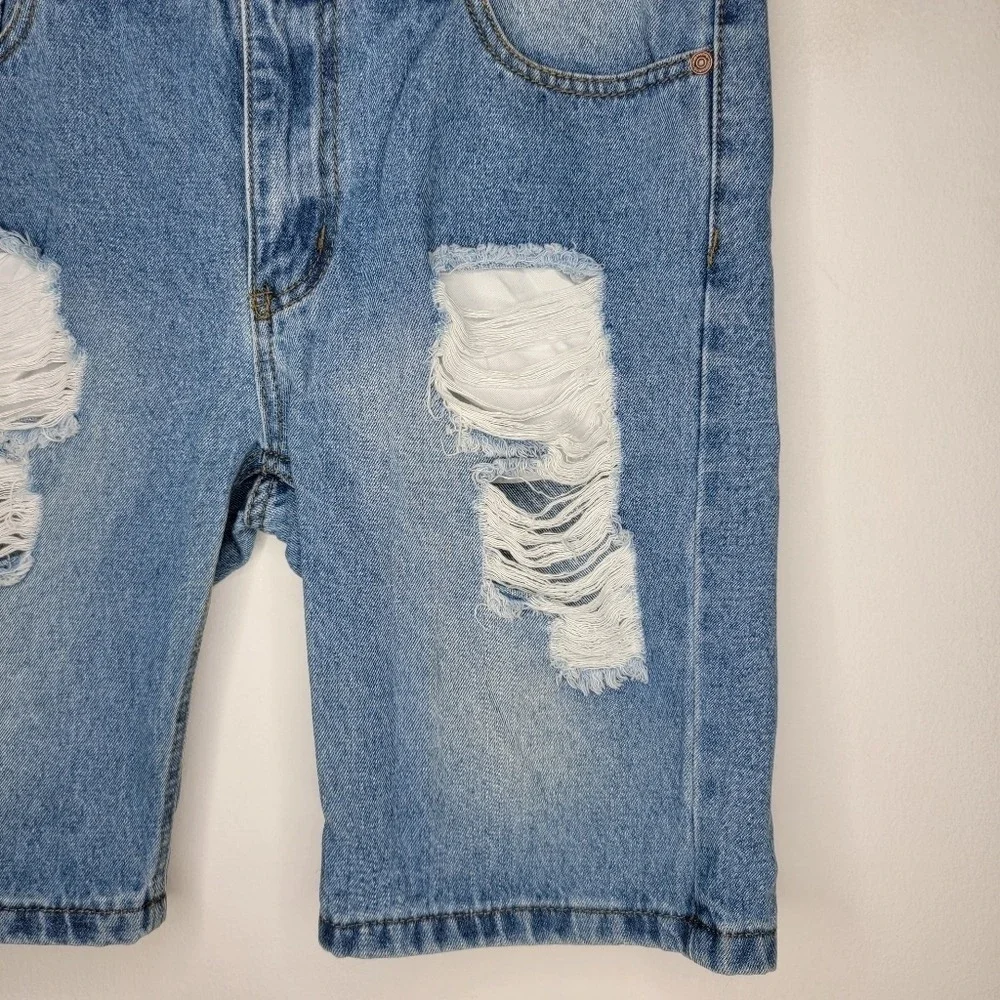 BOOHOO MAN Shorts Denim Distressed Men's 32 Preppy Light Blue Slim Jean Bermudas